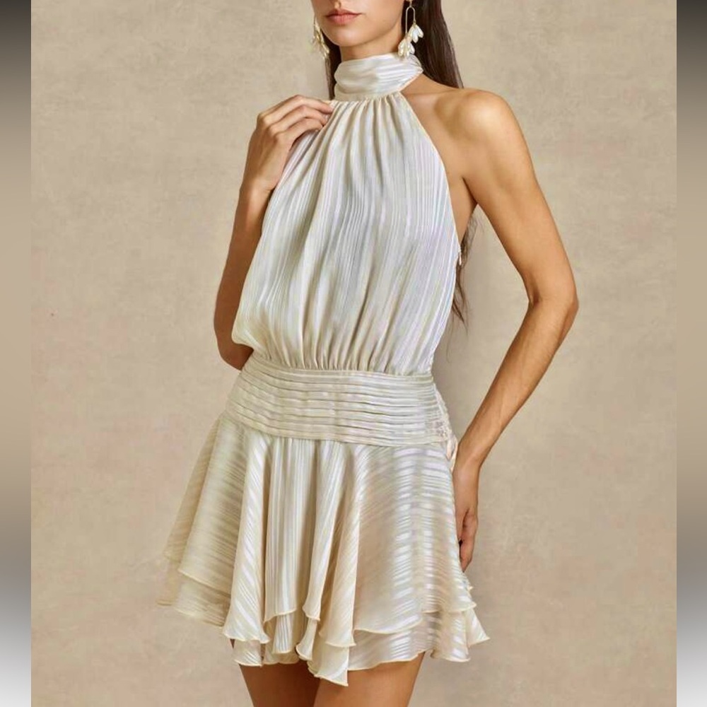 Ruffle hem satin ivory off white mock neck tie open back halter mini dress - Picture 11 of 11